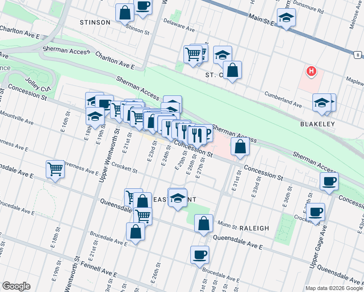 map of restaurants, bars, coffee shops, grocery stores, and more near 638 Concession Street in Hamilton