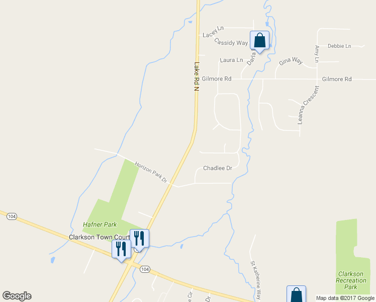 map of restaurants, bars, coffee shops, grocery stores, and more near Lake Road in Clarkson