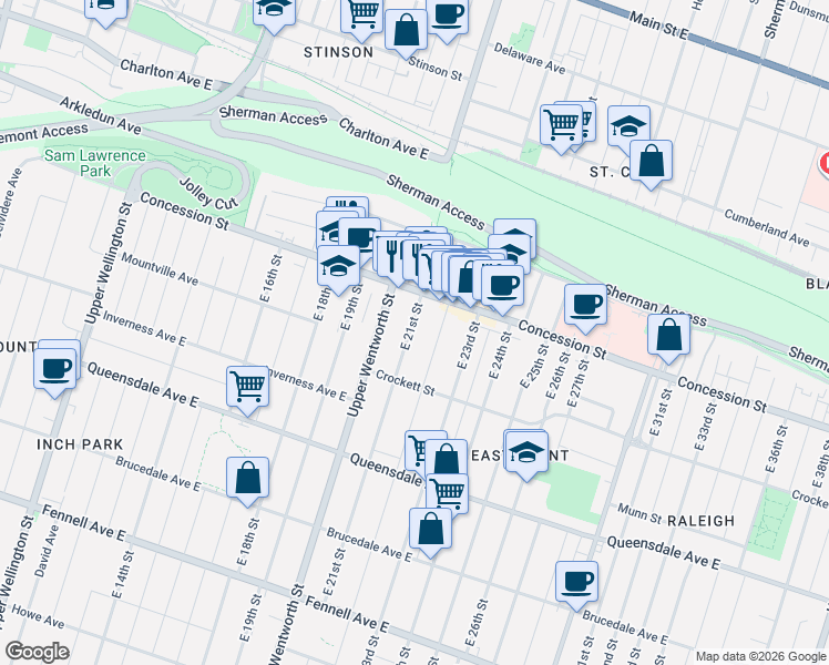 map of restaurants, bars, coffee shops, grocery stores, and more near 23 East 21st Street in Hamilton