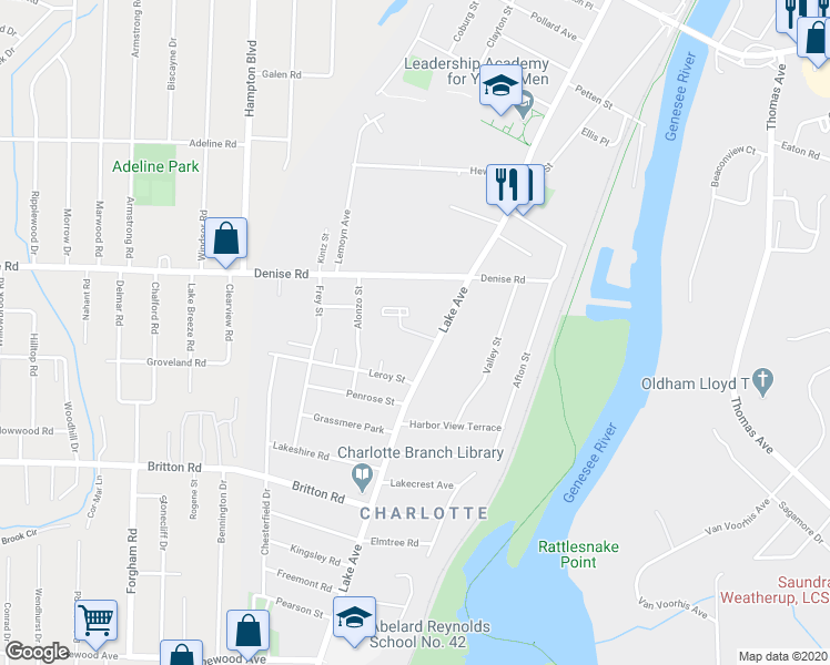 map of restaurants, bars, coffee shops, grocery stores, and more near 107 Lake Vista Court in Rochester