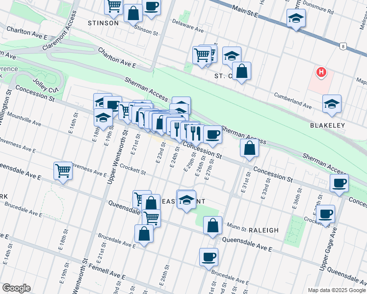 map of restaurants, bars, coffee shops, grocery stores, and more near 618 Concession Street in Hamilton