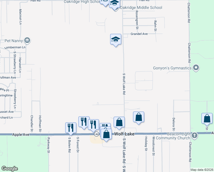 map of restaurants, bars, coffee shops, grocery stores, and more near 697 South Wolf Lake Road in Muskegon