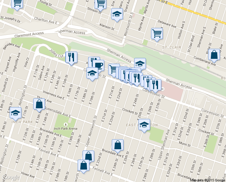 map of restaurants, bars, coffee shops, grocery stores, and more near 23 East 21st Street in Hamilton