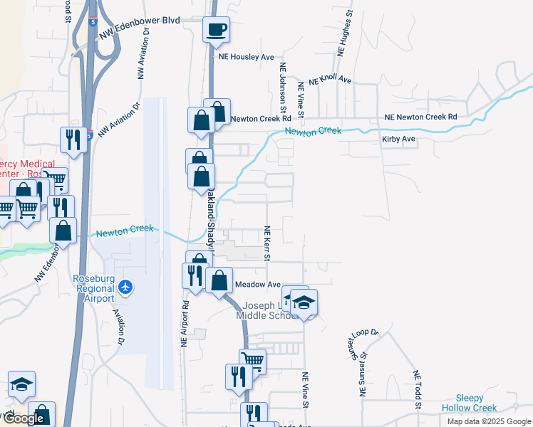 map of restaurants, bars, coffee shops, grocery stores, and more near 2525 Northeast Stephens Street in Roseburg