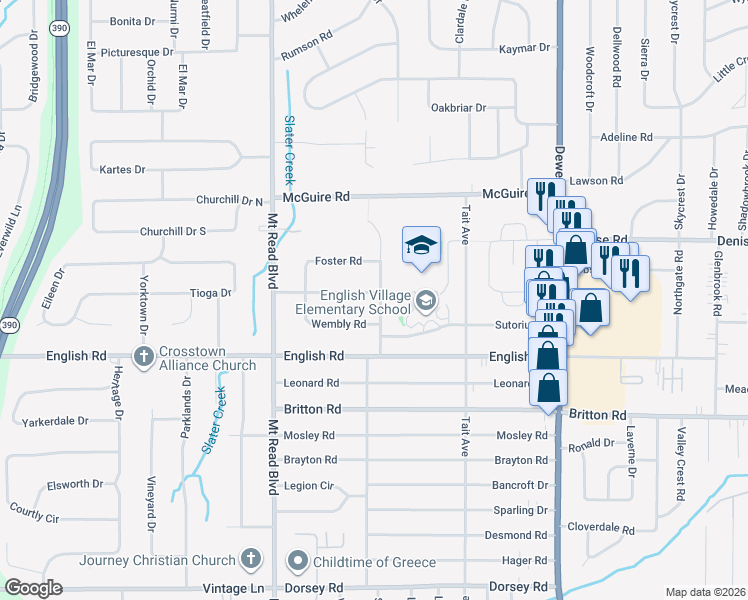 map of restaurants, bars, coffee shops, grocery stores, and more near 140 Centerwood Drive in Rochester