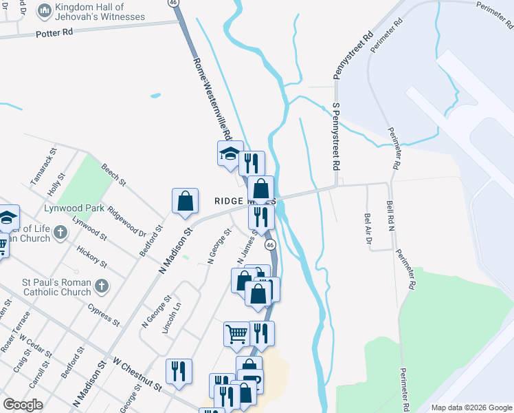map of restaurants, bars, coffee shops, grocery stores, and more near Wright Settlement Road in Rome