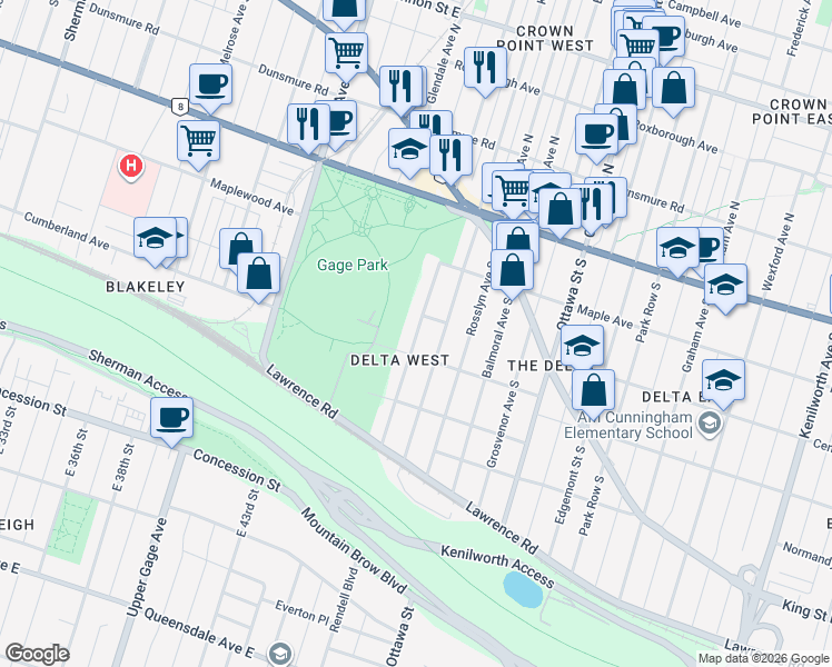 map of restaurants, bars, coffee shops, grocery stores, and more near 98 Kensington Avenue South in Hamilton