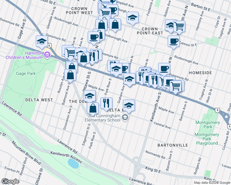 map of restaurants, bars, coffee shops, grocery stores, and more near 49 Province Street South in Hamilton