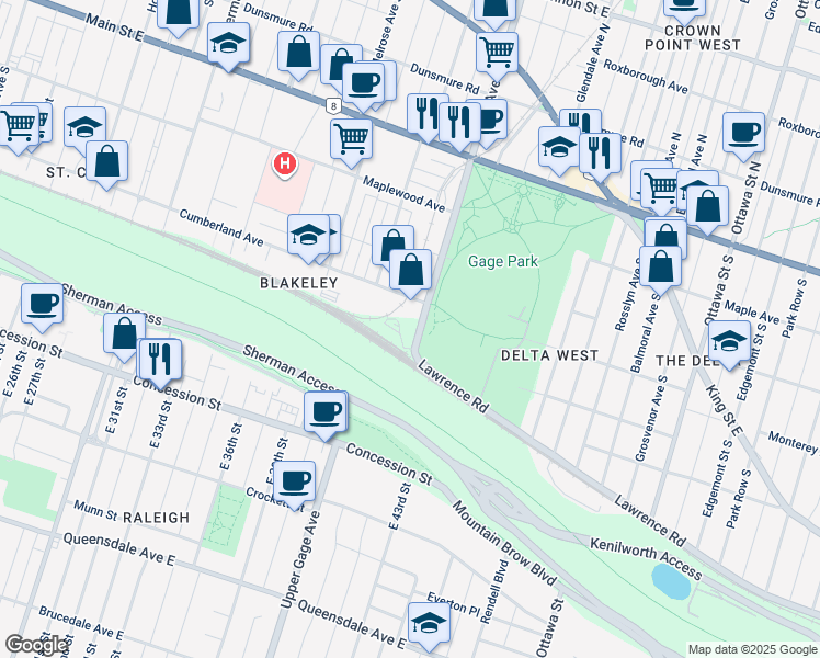 map of restaurants, bars, coffee shops, grocery stores, and more near 256 Gage Avenue South in Hamilton