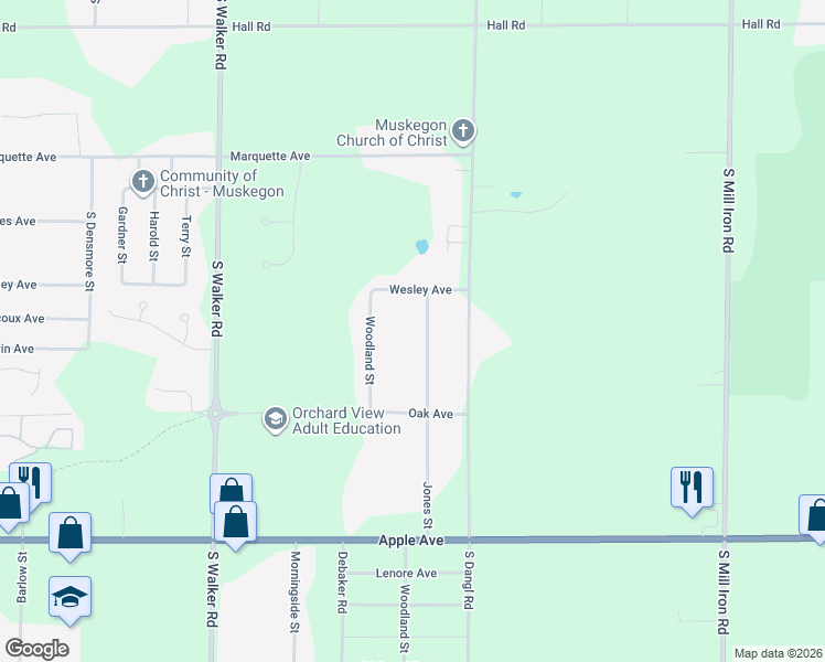 map of restaurants, bars, coffee shops, grocery stores, and more near 646 Jones Street in Muskegon
