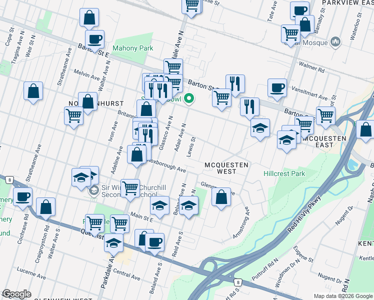 map of restaurants, bars, coffee shops, grocery stores, and more near 13 Lewis Street in Hamilton