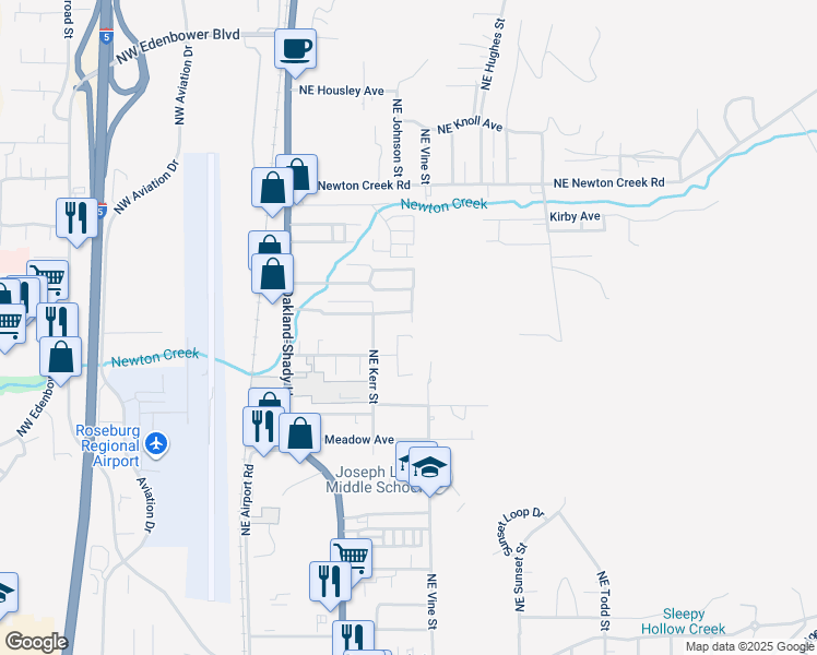 map of restaurants, bars, coffee shops, grocery stores, and more near 32 Northeast Atkinson Court in Roseburg