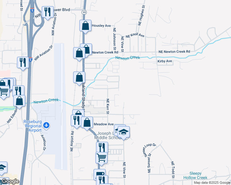 map of restaurants, bars, coffee shops, grocery stores, and more near 32 Northeast Atkinson Court in Roseburg