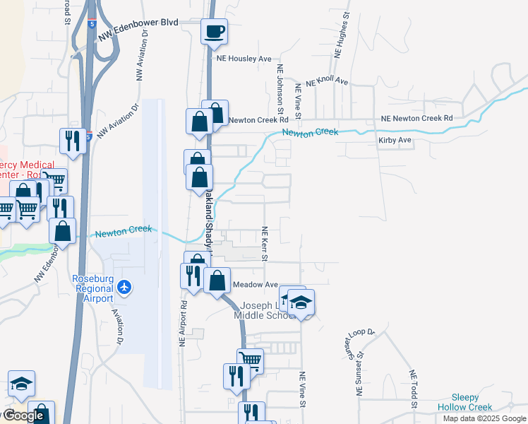 map of restaurants, bars, coffee shops, grocery stores, and more near 2525 Northeast Stephens Street in Roseburg