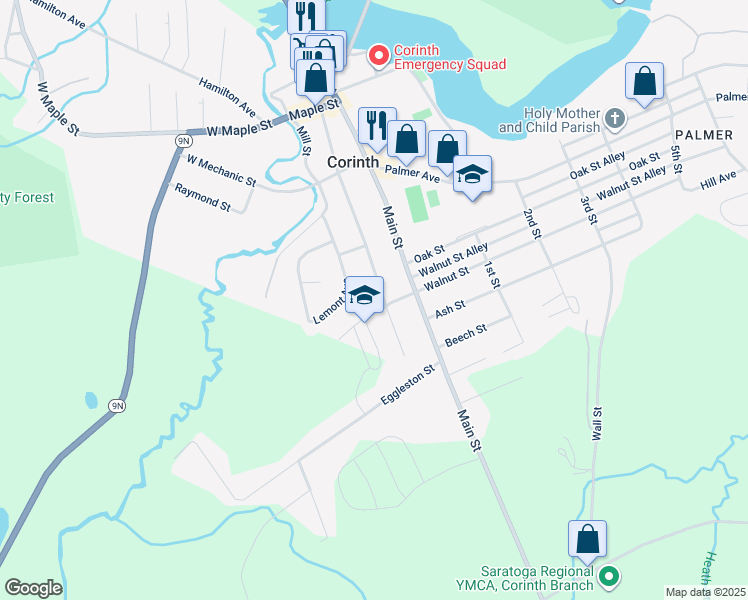 map of restaurants, bars, coffee shops, grocery stores, and more near 346 Center Street in Corinth