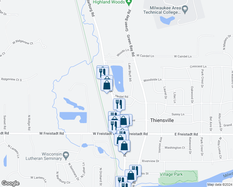 map of restaurants, bars, coffee shops, grocery stores, and more near 600 Laurel Lake Road in Thiensville
