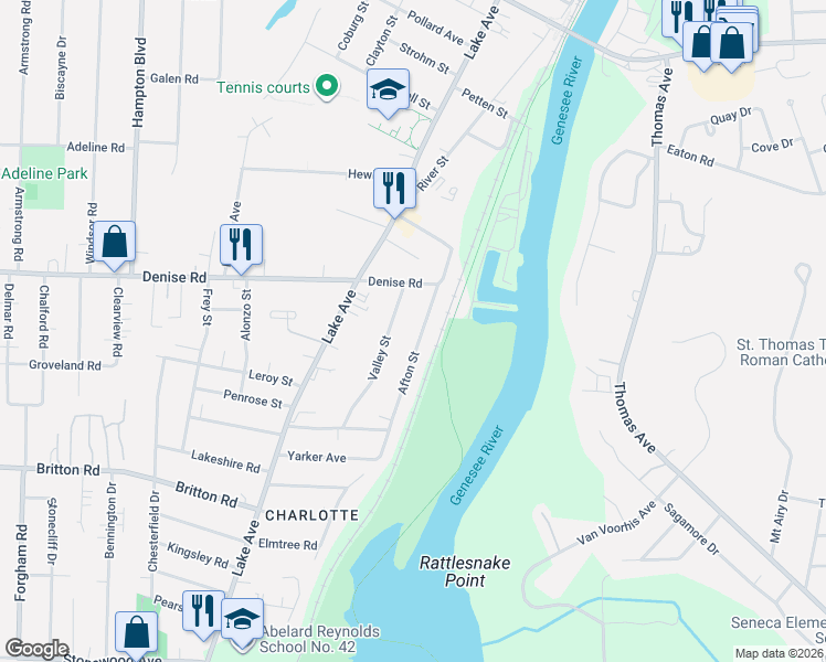 map of restaurants, bars, coffee shops, grocery stores, and more near 54 Afton Street in Rochester