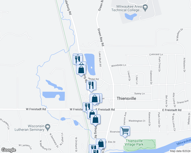 map of restaurants, bars, coffee shops, grocery stores, and more near 118 Heidel Road in Thiensville