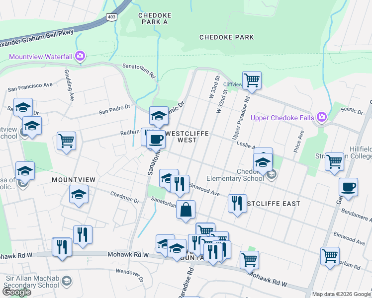 map of restaurants, bars, coffee shops, grocery stores, and more near 159 West 34th Street in Hamilton