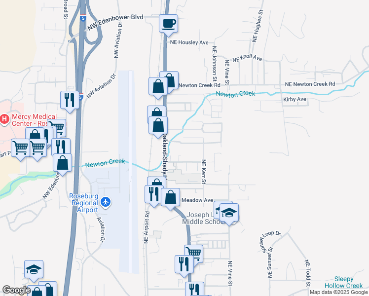 map of restaurants, bars, coffee shops, grocery stores, and more near 2481 Northeast Stephens Street in Roseburg