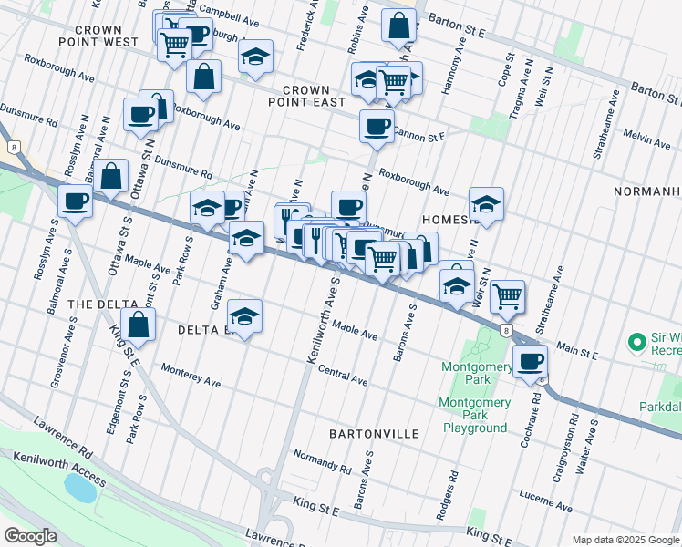 map of restaurants, bars, coffee shops, grocery stores, and more near 59 Kenilworth Avenue South in Hamilton