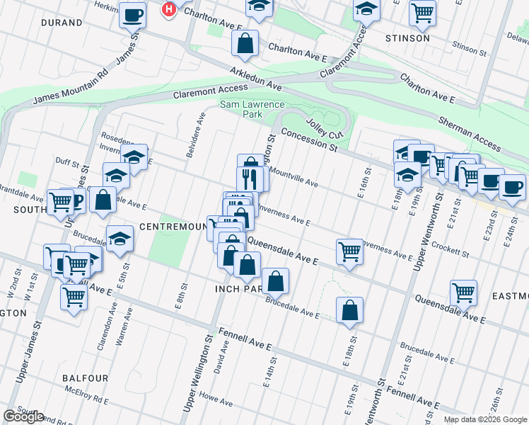 map of restaurants, bars, coffee shops, grocery stores, and more near 246 Inverness Avenue East in Hamilton