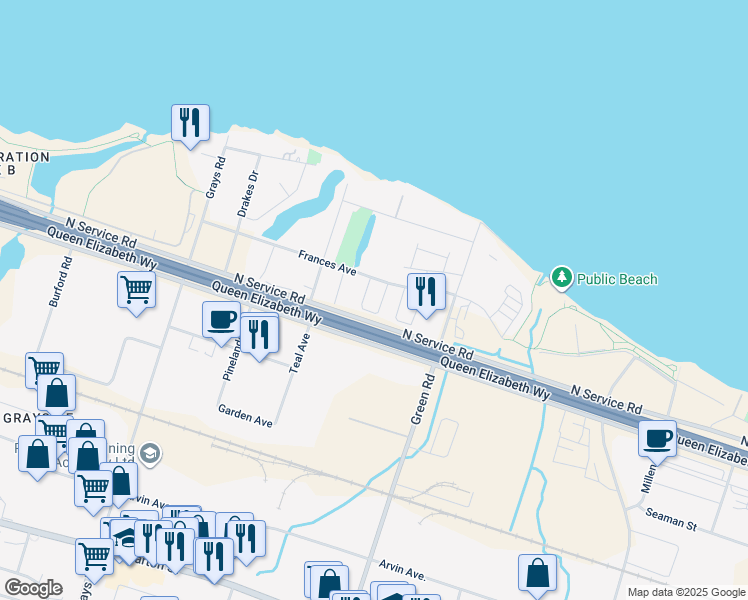 map of restaurants, bars, coffee shops, grocery stores, and more near in Hamilton