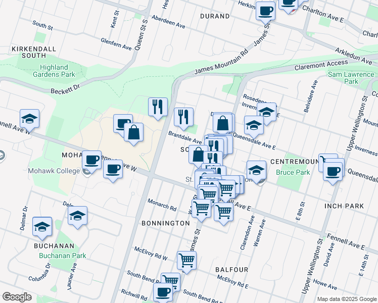map of restaurants, bars, coffee shops, grocery stores, and more near 19 Glenwood Crescent in Hamilton