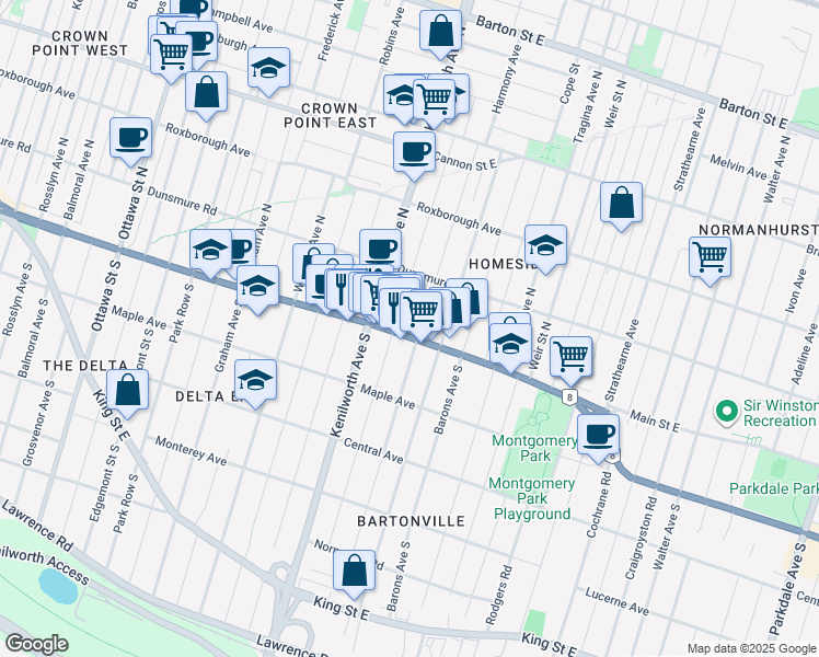 map of restaurants, bars, coffee shops, grocery stores, and more near in Hamilton