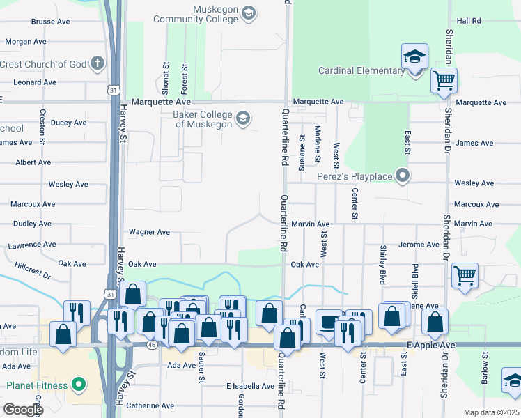 map of restaurants, bars, coffee shops, grocery stores, and more near 1890 Carriage Road in Muskegon