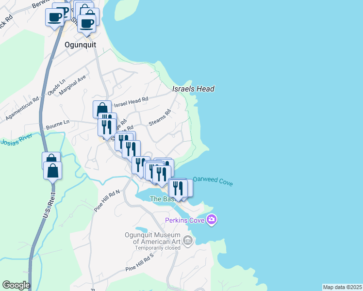 map of restaurants, bars, coffee shops, grocery stores, and more near 120 Frazier Pasture Road in Ogunquit