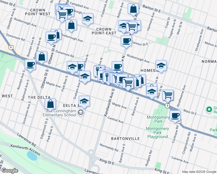 map of restaurants, bars, coffee shops, grocery stores, and more near 59 Kenilworth Avenue South in Hamilton