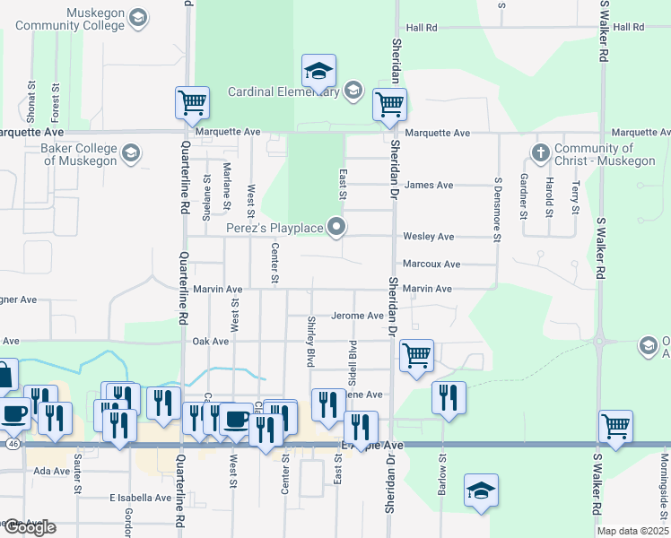 map of restaurants, bars, coffee shops, grocery stores, and more near 2285 Monica Lane in Muskegon