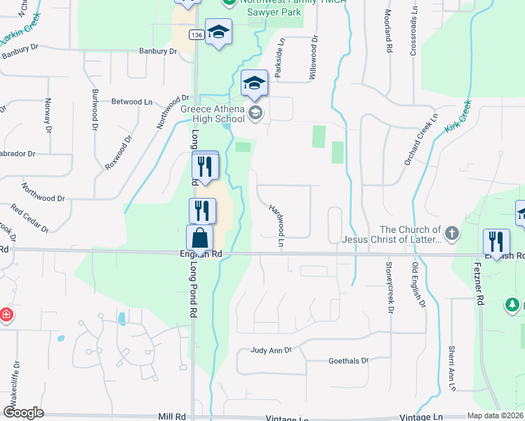 map of restaurants, bars, coffee shops, grocery stores, and more near 85 Hardwood Lane in Rochester