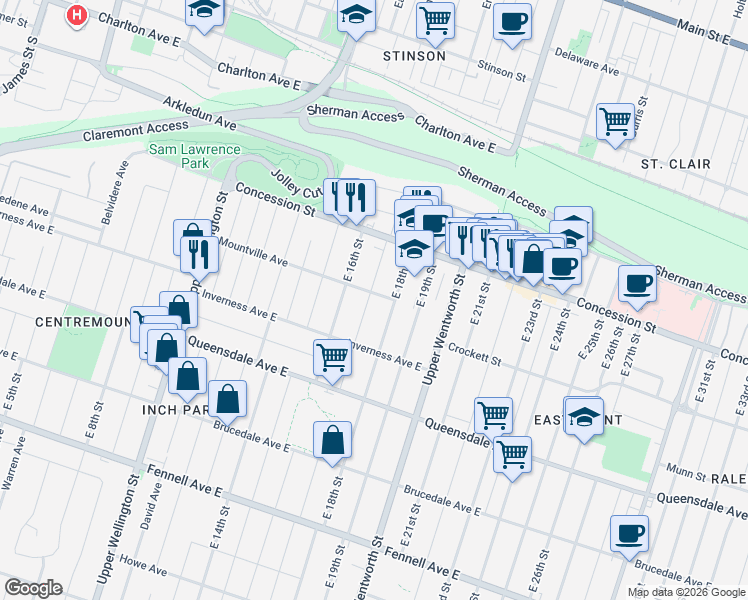 map of restaurants, bars, coffee shops, grocery stores, and more near 150 Mountville Avenue in Hamilton