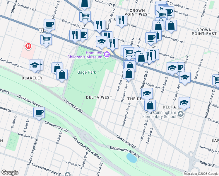 map of restaurants, bars, coffee shops, grocery stores, and more near 98 Kensington Avenue South in Hamilton
