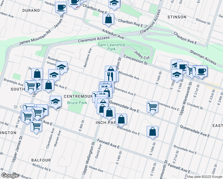 map of restaurants, bars, coffee shops, grocery stores, and more near 501 Upper Wellington Street in Hamilton