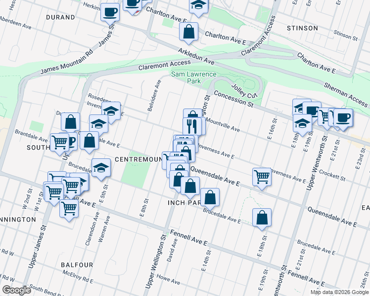 map of restaurants, bars, coffee shops, grocery stores, and more near 501 Upper Wellington Street in Hamilton