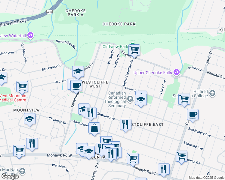 map of restaurants, bars, coffee shops, grocery stores, and more near in Hamilton
