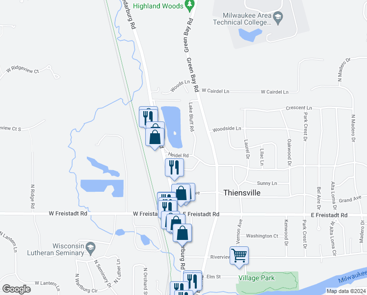 map of restaurants, bars, coffee shops, grocery stores, and more near 118 Heidel Road in Thiensville
