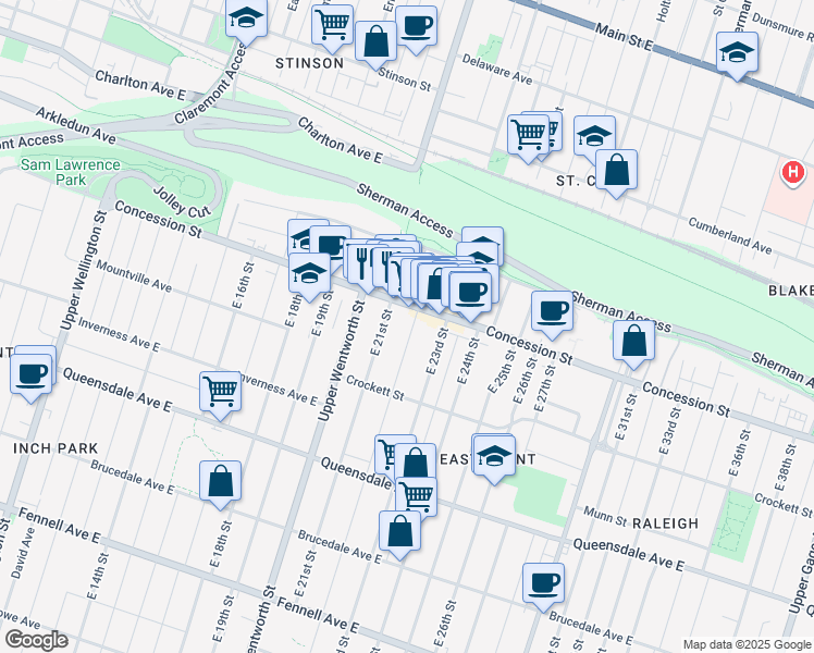 map of restaurants, bars, coffee shops, grocery stores, and more near 6 East 22nd Street in Hamilton