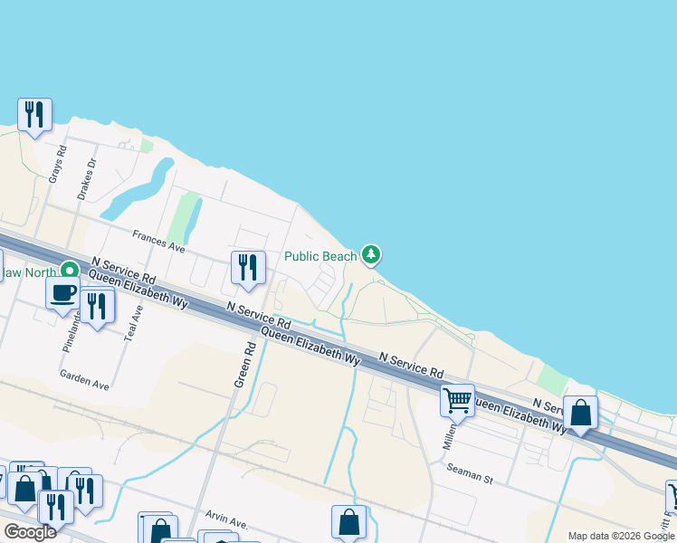 map of restaurants, bars, coffee shops, grocery stores, and more near 51 Southshore Crescent in Hamilton