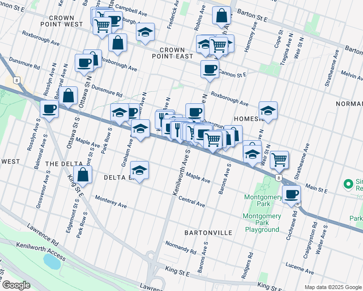 map of restaurants, bars, coffee shops, grocery stores, and more near 59 Kenilworth Avenue South in Hamilton