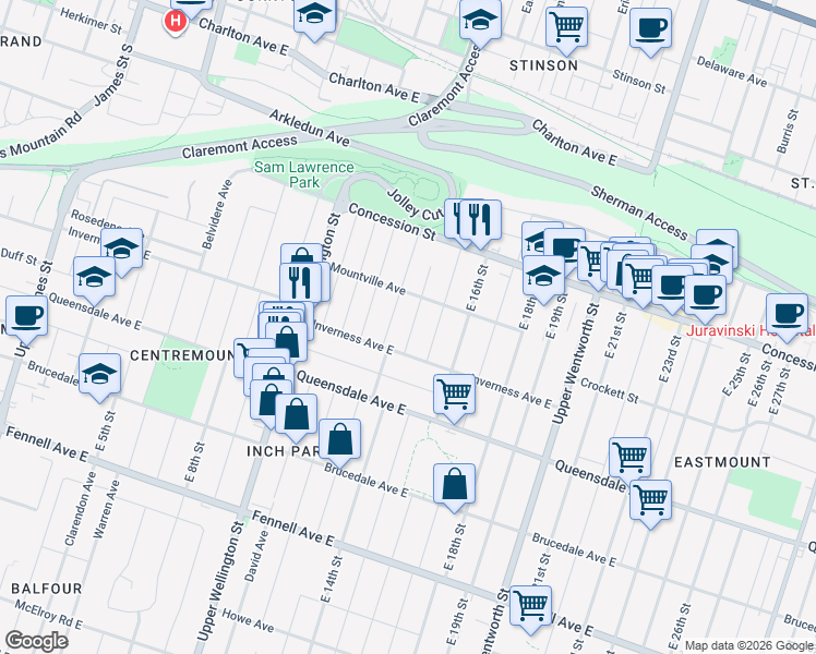 map of restaurants, bars, coffee shops, grocery stores, and more near 92 East 14th Street in Hamilton