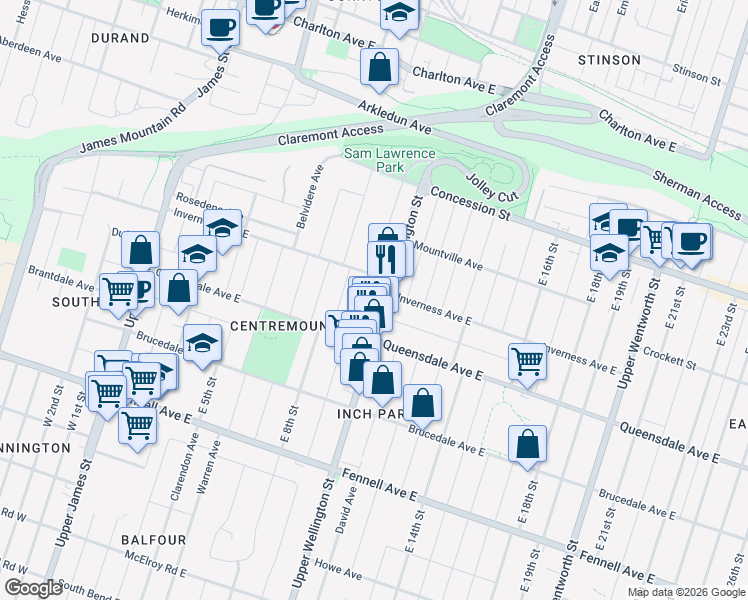 map of restaurants, bars, coffee shops, grocery stores, and more near 500 Upper Wellington Street in Hamilton