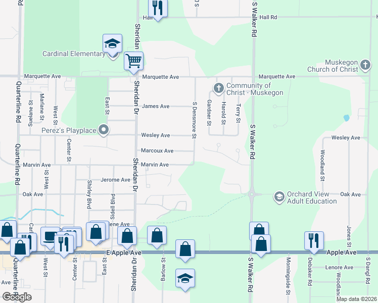 map of restaurants, bars, coffee shops, grocery stores, and more near 2583 Marcoux Avenue in Muskegon