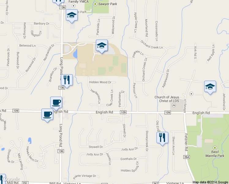 map of restaurants, bars, coffee shops, grocery stores, and more near 98 Cider Creek Ln in Rochester