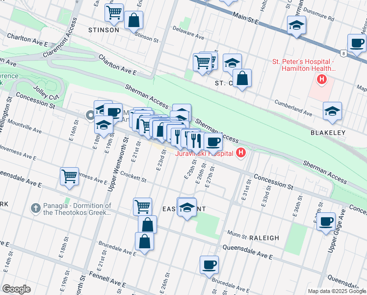 map of restaurants, bars, coffee shops, grocery stores, and more near in Hamilton