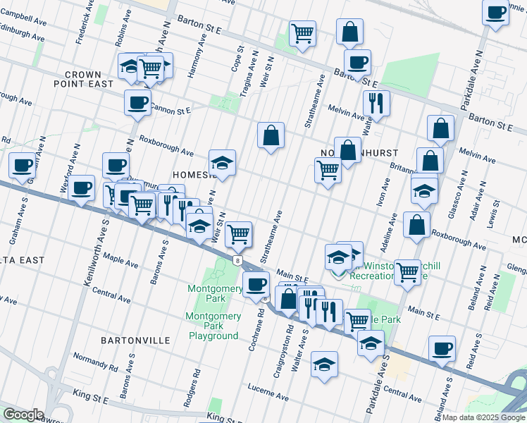 map of restaurants, bars, coffee shops, grocery stores, and more near 96 Paling Avenue in Hamilton