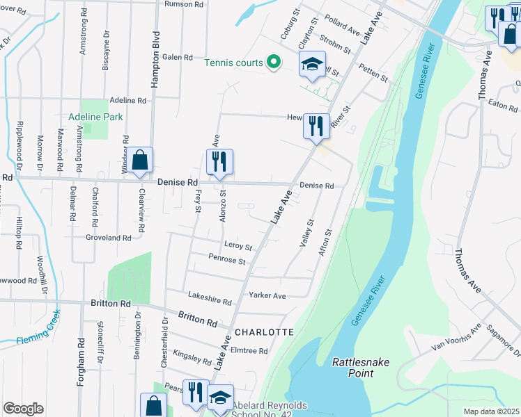 map of restaurants, bars, coffee shops, grocery stores, and more near 140 Lake Vista Court in Rochester
